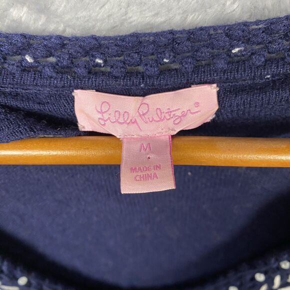 Lilly Pulitzer April Navy Blue Embroidered Tunic Sweater Top Size Medium Wool - Picture 4 of 7